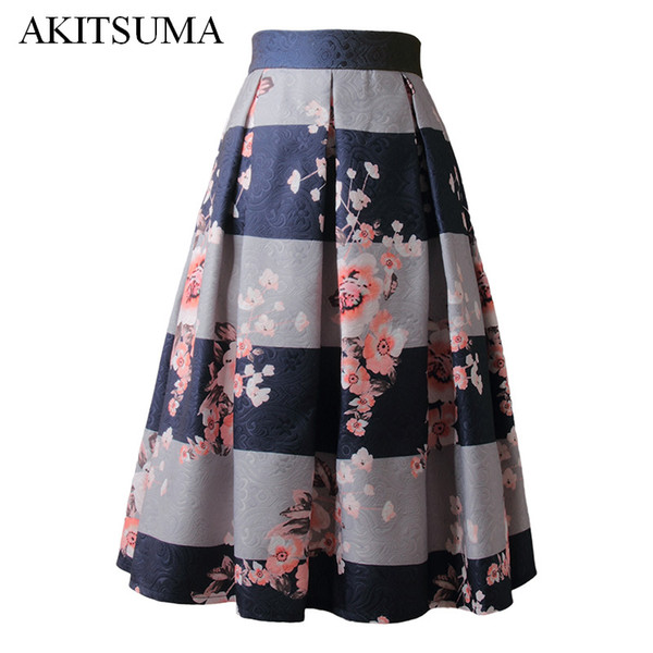 AKITSUMA Summer Skirt Women Midi High Waist Skirt Print A-line Casual Female Fashion