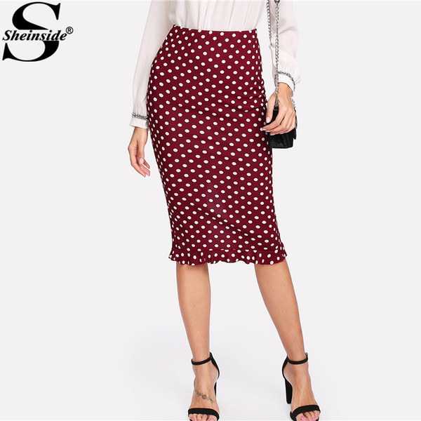 Sheinside Ruffle Hem Polka Dot Skirt Mid Waist Bodycon Skirt 2018 Spring Women Office Ladies Work EleSkirt