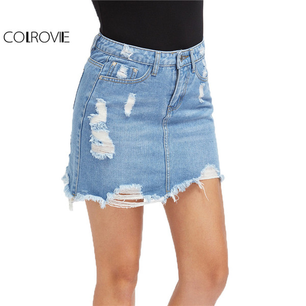 COLROVIE Casual High Waist Denim Skirt Blue Light Wash Women Distressed Mini Pencil Skirt 2017 Sexy Ripped 5 Pocket Summer