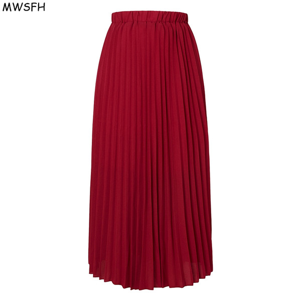 MWSFH Autumn Women Long Pleated Chiffon Skirt Solid Retro Maxi Skirts Female Artificial Piano Pleated Skirt Woman Jupe Femme