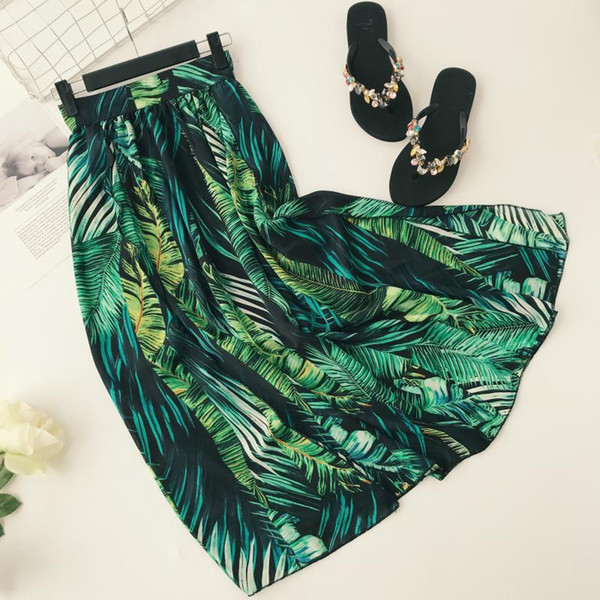 Queenus women long skirt Green spring summer party maxi skirt fashion long women patchwork skirts office lady boho Plant