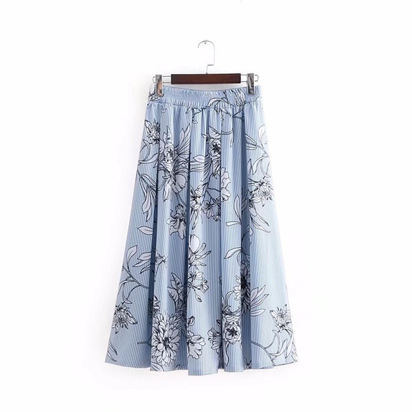 New Women Vintage floral printing striped a line midi skirt ladies fashion elastic waist casual chic mid-calf skirts QUN083