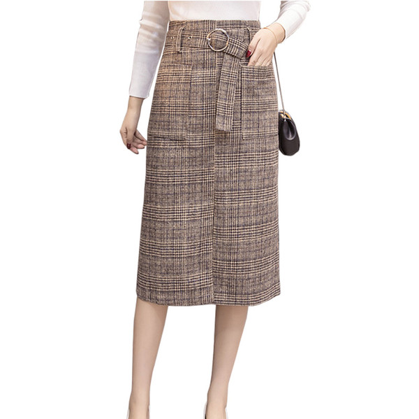 Long woolen warm plaid skirts womens 2018 spring autumn high waist plus size elegant office work skirt Woolen saia jupe faldas