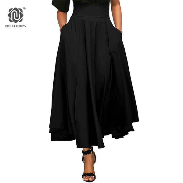 NORA TWIPS Spring Fashion Skirt With Pocket High Quality Cotton Solid Ankle-Length Vintage Skirt For Women Black Long