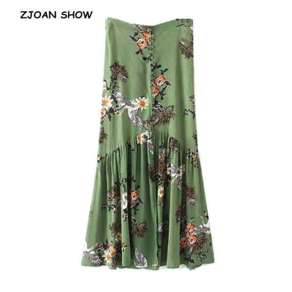 Bohemian Crane Flower Print Single Breasted Buttons Front Slit Skirt 2018 Beach Women Back Elastic Waist Maxi Long Skirts Green