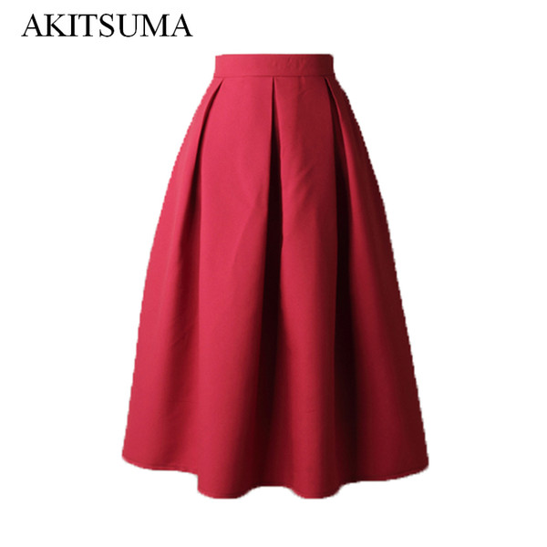 Wholesale- Women Pleated Skirts 2017 Summer Skirt Vintage High Waist Midi Office Workwear Flared Tutu Saias Femininas AKITSUMA