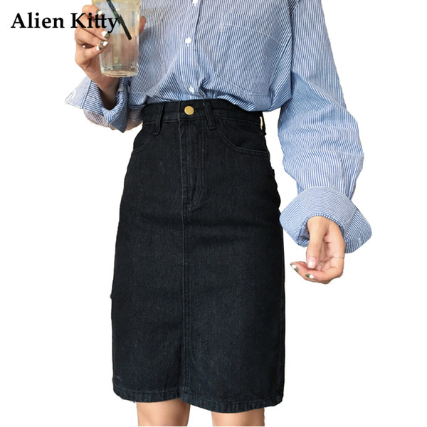 Alien Kitty Autumn High Waist Black Straight Denim Skirt Casual Zipper Placket Knee-Length Pencil Skirts With Pockets New