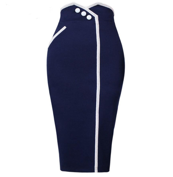 Womens Vintage Retro Asymmetrical High Waist Colorblock Contrast Button Work Business Pencil Office Bodycon Skirt