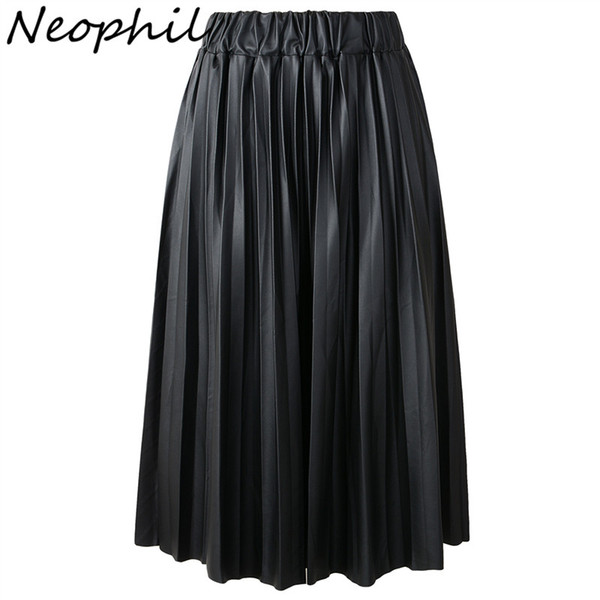 Neophil 2017 Winter Ladies Black PU Faux Leather Skirts Midi Pleated High Waist Vintage Basic Mid-calf Women Longa Saia S1927