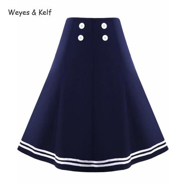 Weyes & Kelf Button High Waist Retro Skirts Womens Dark Blue Elegantes Summer Skirt Knee-length Skirts For Women Faldas