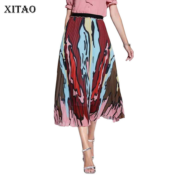 [XITAO] New 2018 Europe Autumn Fashion Women Elastic Waist Pleated A-Line Skirt Female Print Mid-Calf Loose Skirt LJT3126