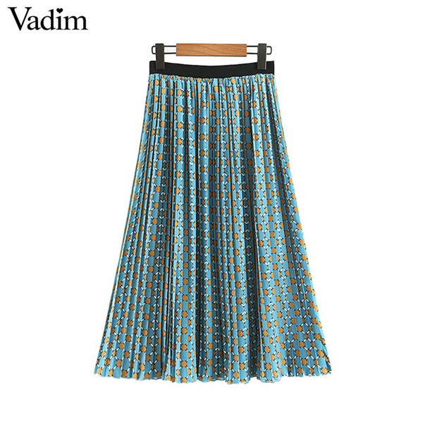 Vadim women vintage print pleated midi skirts elastic wasit casual wear chic mid calf elegant skirt faldas mujer BA601