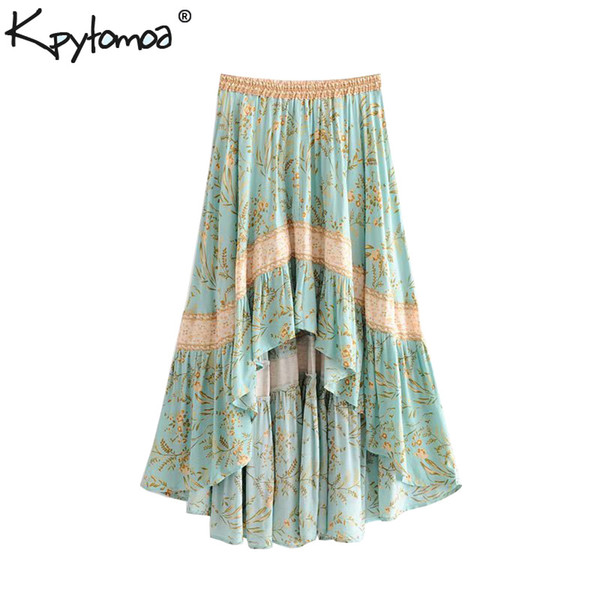 Boho Chic Summer Vintage Floral Print Pleated Asymmetrical Skirt Women 2019 Fashion Elastic Waist Beach Long Skirts Faldas Mujer