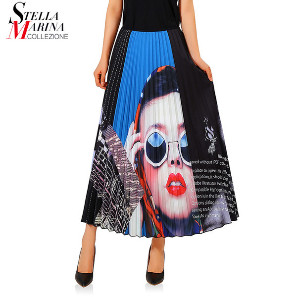 New 2018 European Fashion Women Colorful Printed Long Pleated Skirt Elastic Waist Empire Mid Calf Length Female Cute Skirts 7120