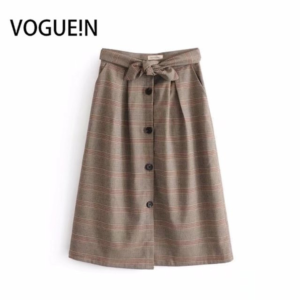 VOGUEIN New Womens Ladies Checks & Plaids Print Pockets Bow Belt Midi Skirt Wholesale