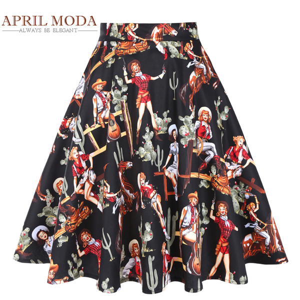 Spring Summer Skirts Women Runway Midi Vintage Pinup Skater Saia Female Western Girl Printed Retro 50s 60s Hepburn Swing Skirts