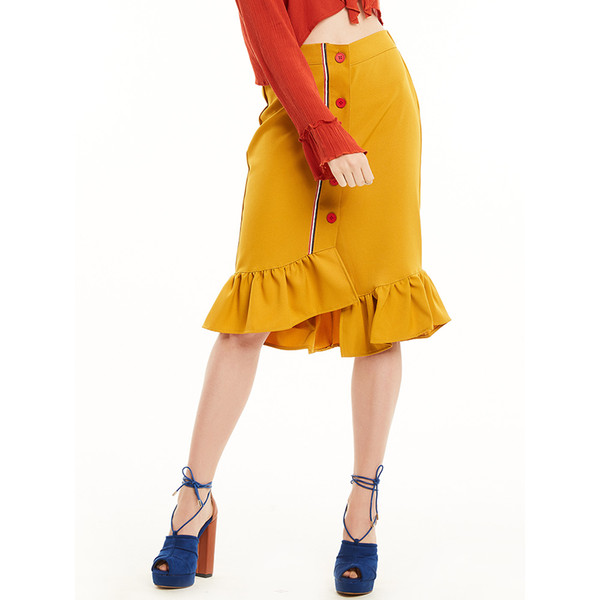 Women's Skirts Summer Yellow Trumpet Ruffle bodycon Skirts Asymmetrical Solid Button Casual High Street tulle harajuku skirt