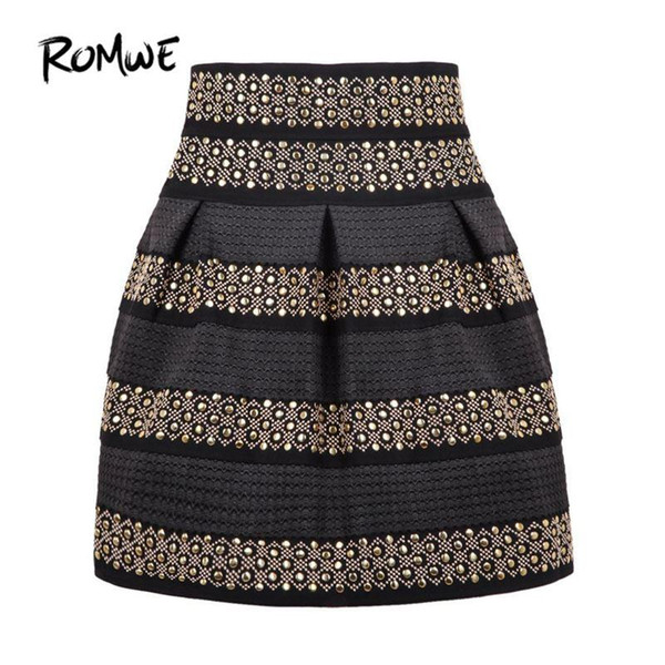 ROMWE Ladies High Waist Rivet Studs Striped Skirt 2018 New Fashion Women Skirt Multicolor Flared Elegant Short Skirt