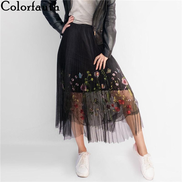 Colorfaith 2017 New Puff Women Mesh Tulle long Skirt Fashion Vintage Pleated Floral Embroidery Elegant Female Tutu Skirts SP043