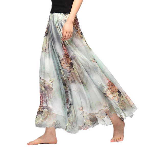 Elegant Summer Women Long Skirt Chiffon Saia Beach Bohemian Maxi Skirts High Waist Tutu Casual Vestidos Harajuku Print