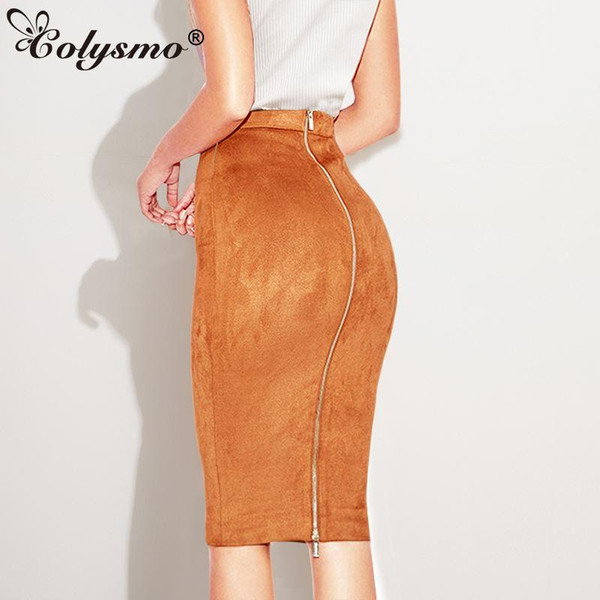 Colysmo Autumn Suede Midi Skirt High Waist Faux Leather Skirt Winter Skirts Womens Two-way Zipper Through Pencil Skirt Saia Midi