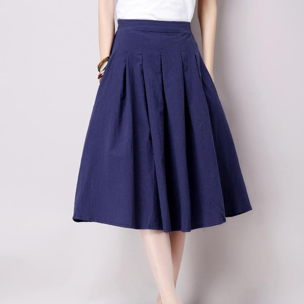 Vintage Summer Bust skirt Women Linen Skirts All-match Casual Pleated Solid Color skirts Fashion Women's clothing WJ305