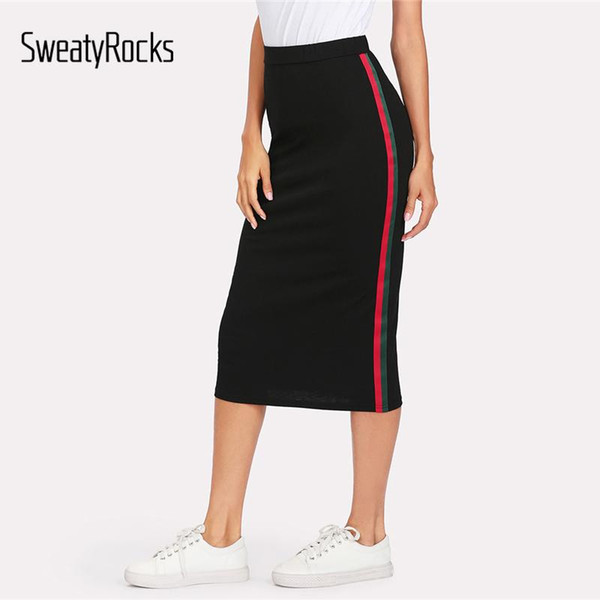 SweatyRocks Striped Tape Side Skirt Black Women Knee Length Elegant Athleisure Skirt Summer Mid Waist Casual Skirt