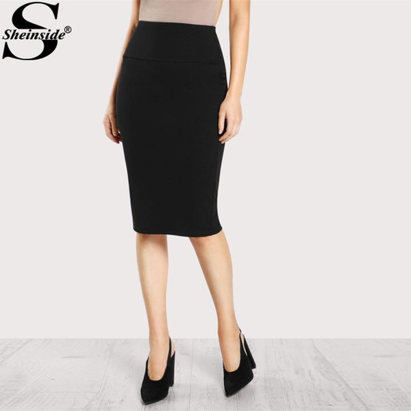 Sheinside 2017 Elastic Waist Pencil Skirt Black Mid Waist Knee Length Plain Skirt Women Work Wear Elegant Autumn Skirt