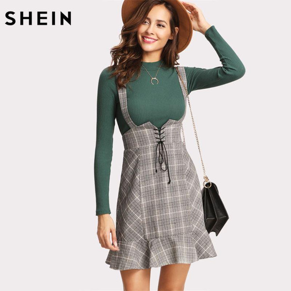 SHEIN Skirts Womens High Waist Woman Skirt Autumn Winter Lace Up Front Ruffle Hem Plaid Skirt Grey Zipper Back Sheath Skirt