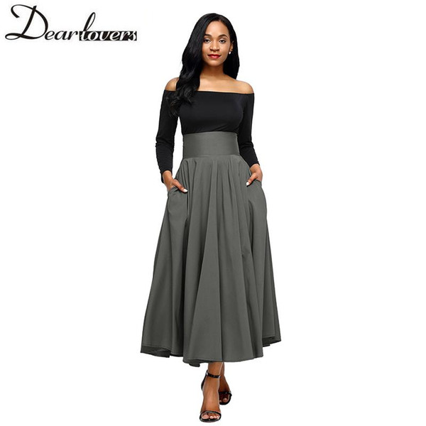 Dear lovers New Autumn Winter Women Gray Retro High Waist Pleated Belted Maxi Skirt S-XXL LC65053 Blue Wine Red Black Pink 2018