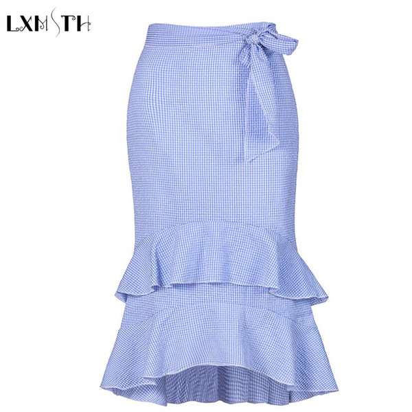 LXMSTH Irregular Skirt Summer Fashion High Waist Ruffle Bodycon Pencil Skirts Women 2018 Plaid Lace Up Slim Midi Skirt With Belt