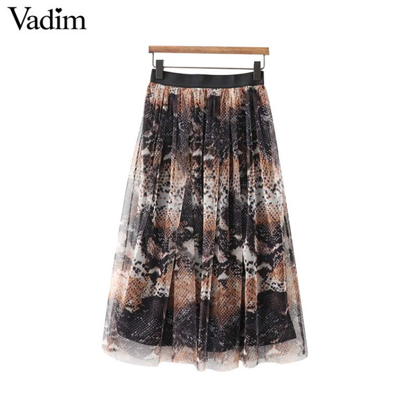 Vadim women snake print mesh midi skirt animal pattern elastic waist faldas mujer vintage female casual pleated skirts BA305