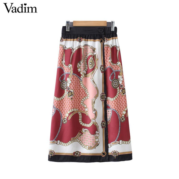 Vadim women chic chains print midi skirt faldas mujer elastic waist split vintage female casual mid calf skirts BA299