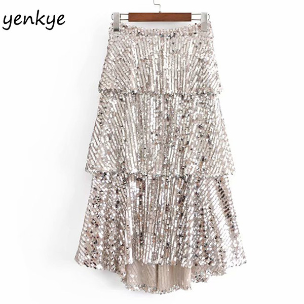 European Style Fashion Overlapping Ruffles Sequin Skirt Women Side Zipper High Waisted Midi Skirt HHWM1769