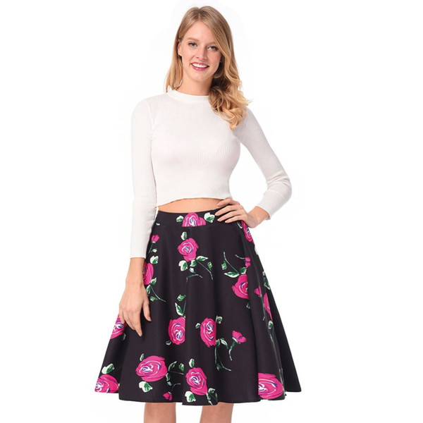 New 2018 Summer Women Skirt Vintage Floral Print High Waist Ball Gown Pleated Skirts Rose Pattern Printed Skirts for party