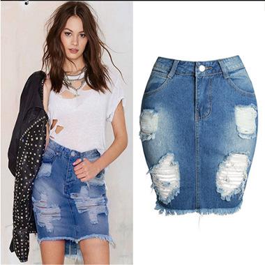 Women Blue Ripped Casual Mini Denim Skirts Summer New Bodycon Women Dress Basic Pocket Jeans Skirt Mid Waist Skirt