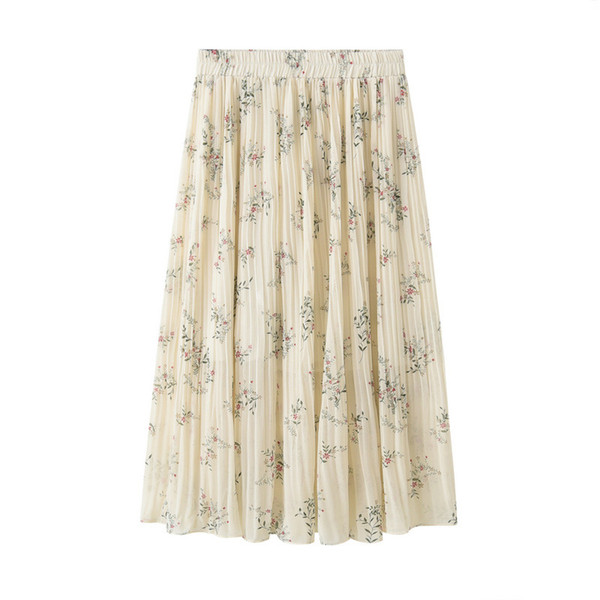 Sherhure Vintage Stretch High Waist Women Summer Long Skirts Saia Flower Print Women A-Line Pleated Skirt Faldas Jupe Femme