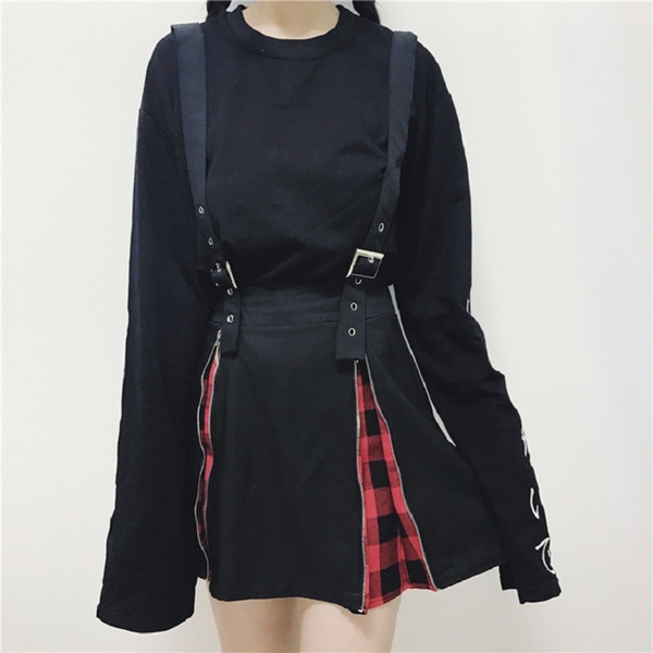 Punk Rock Skirts Women Harajuku Lattice Zippers Splice Lolita High Waist Back Skirt With Strap