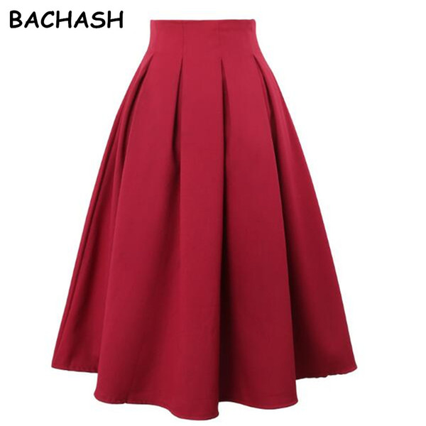 BACHASH Women Pleated Skirts Spring Summer Vintage High Waist Knee Length Office Workwear Plus Size Solid Ball Gown Skirt