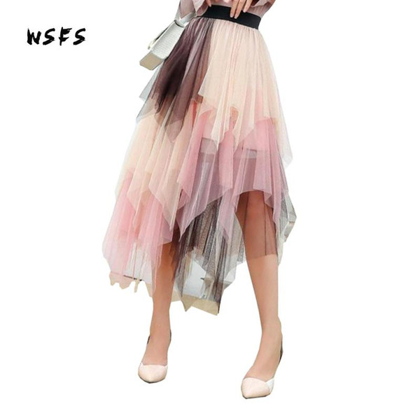 Wsfs Autumn Winter Mesh Asymmetrical Skirt Black Pink Green Long Skirts For Women Elastic Waist Bandage Vintage Party Skirts