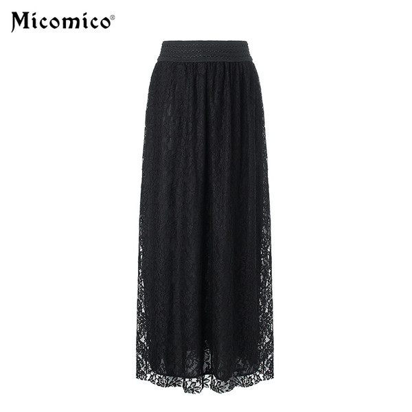 Autumn Maxi Skirts High Waist Pleated Elasticity Fashion Lace Skirt Faldas Korean Style Boho Womens Femme Long Skirt