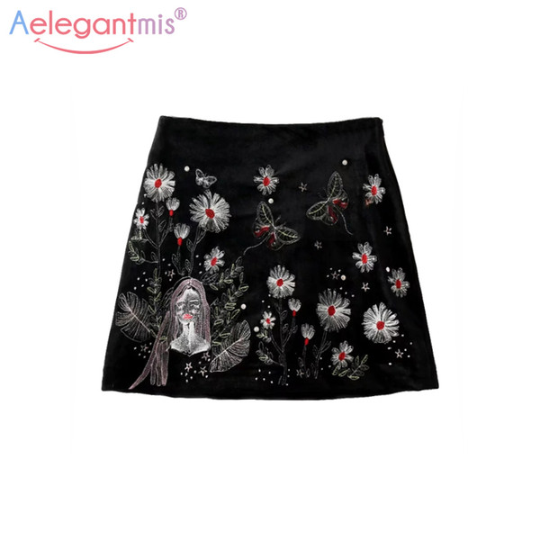 Aelegantmis Women Black Floral Embroidery Skirt Chic High Waist Skirts Ladies Spring Casual Vintage Mini Velvet A-line Skirts