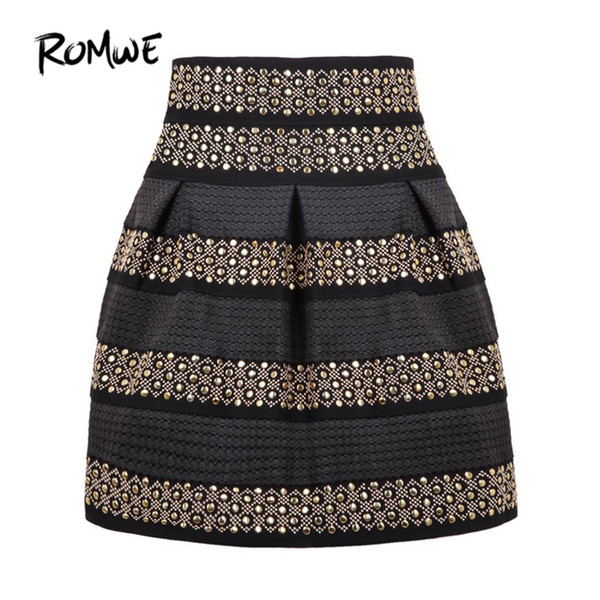 Ladies High Waist Rivet Studs Striped Skirt 2018 New Fashion Women Skirt Multicolor Flared Elegant Short