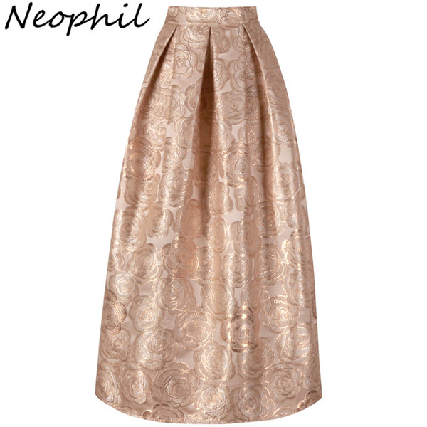 Neophil 2018 Ladies Elegant Floral Print Vintage Maxi Long Skirts High Waist Ball Gown Pleated Flare Gold Pink Longa Saia MS1020