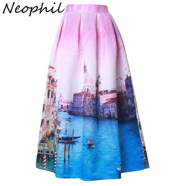 Neophil 2018 Ladies Venice Building Floral Print High Waist Pleated Ball Gown Skater Satin Maxi Long Skirts Jupe Longue MS08027