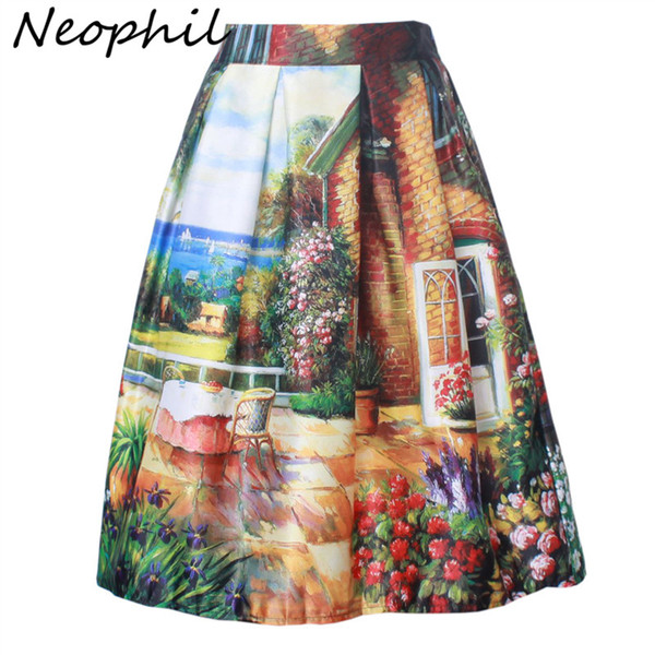 Neophil 2018 Summer Women Garden Floral Painting Printed Ball Gown Pleated High Waist Flare Swing Skirts Female Faldas S07049