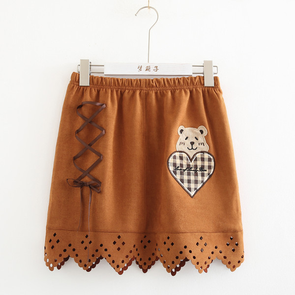 Bear patch embroidery Elasticated waist A-line skirt hollow out suede skirt mori girl 2018