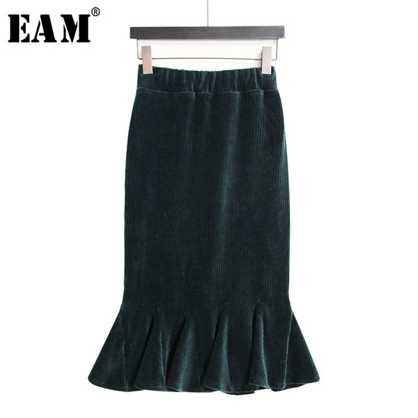 [EAM] 2018 New Summer Autumn High Elastic Waist Gree Velour Ruffles Hem Split Joint Temperament Skirt Women Fashion Tide JG659