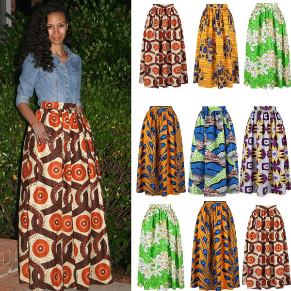 Dashiki Beach Bohemian Pleated Swing Plus Size High Waist Ball Gown Floral African Print Maxi Flared Skirt