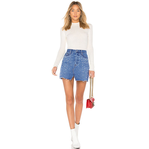 Europe Style Skirt Women 2018 Brand New Spring Summer Triangle Cut Hem Denim With Pearl A Line Skirts Fashion Girls Casual Skirt